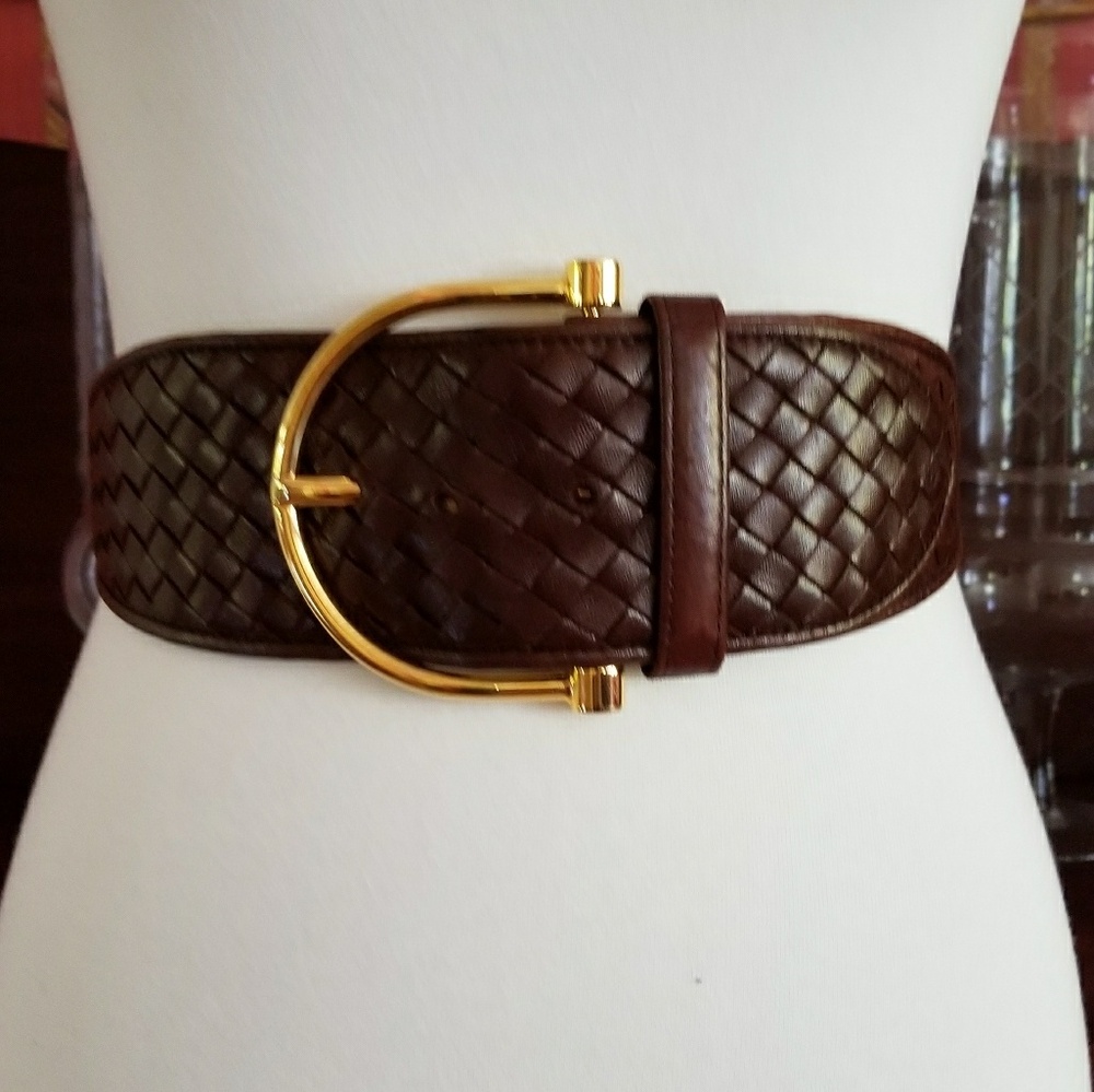 Bottega Veneta Dark Brown Woven Belt with Gold Accent